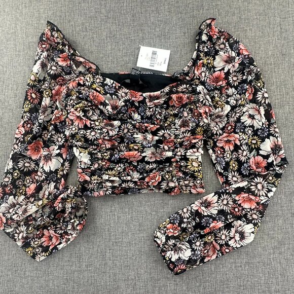 NEW! Forever 21 Ruched  Cropped Top Long Sleeve Puffy Sleeves Small Floral Black - Picture 6 of 14